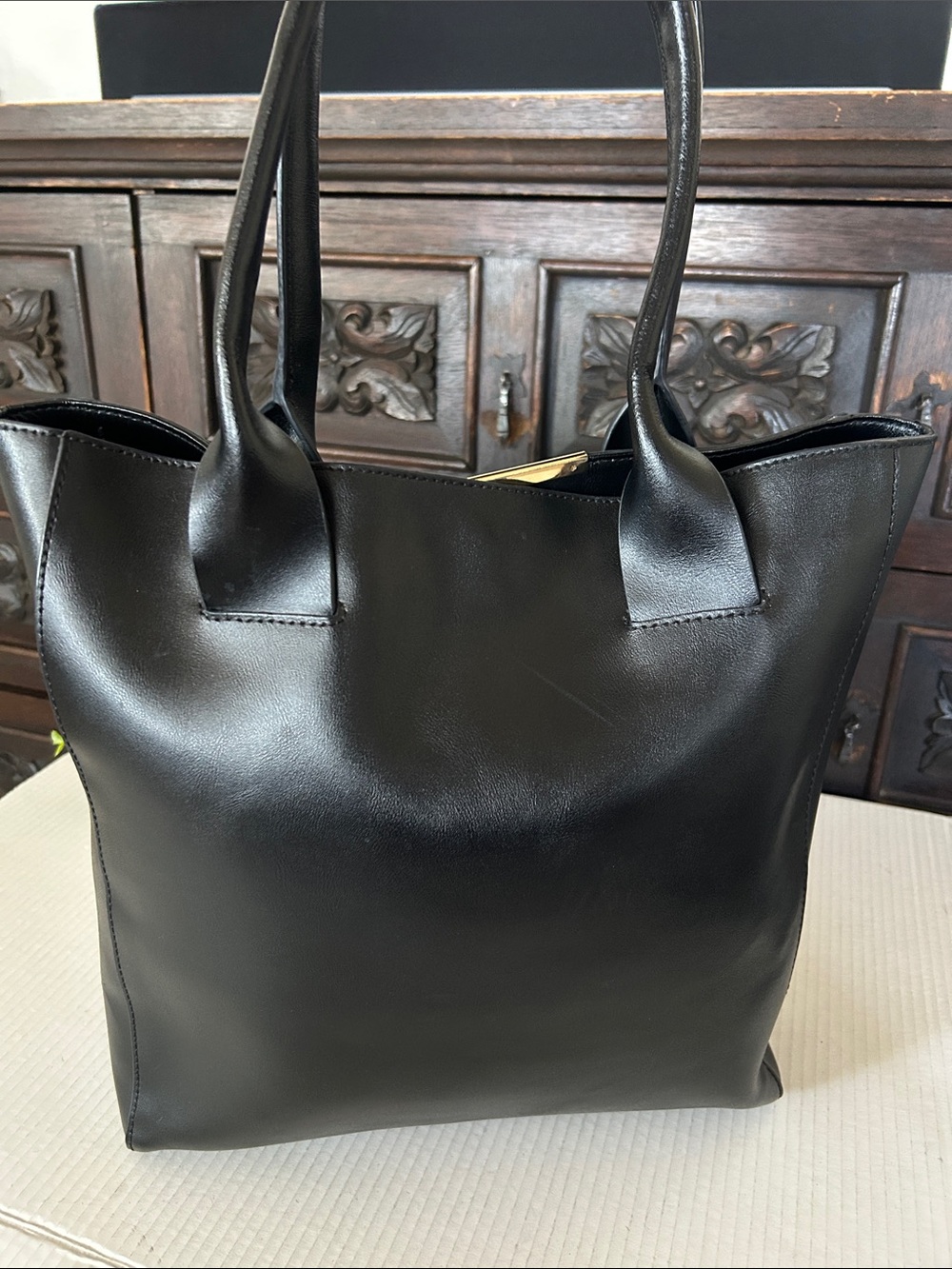 BCBGMaxAzria Black Leather Double-Handle Tote with Gold Accent - Picture 5 of 11